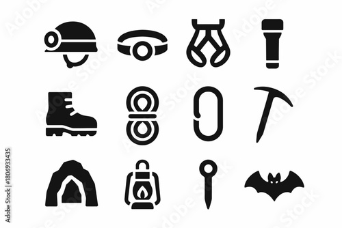 Icon set: caving gear symbols including helmet, headlamp, rope, and pickaxe