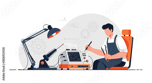 Illustration depicting an engineer repairing electronic circuit with precision tools and focused