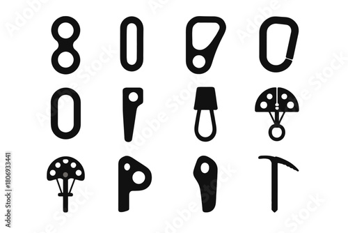 Silhouette icons of climbing and mountaineering equipment