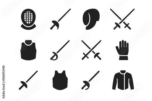 Fencing equipment icons: swords, masks, attire, gloves for fencing enthusiasts