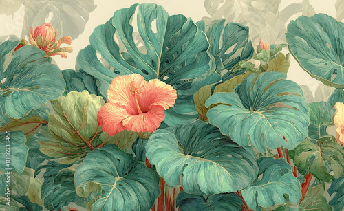 Wallpaper Mural Modern Minimal Tropical, Simplified banana leaf art with clean lines and muted colors, ideal for minimal home decor, Nordic style wallpaper, and modern fabric prints. Torontodigital.ca