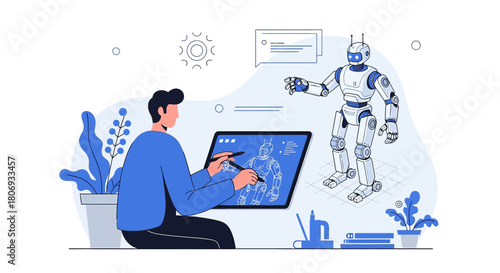 Illustration displaying a robot designer working on creating a new robotic prototype concept using