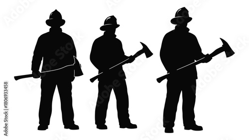 Firefighter silhouettes with axes isolated on white background, Vector