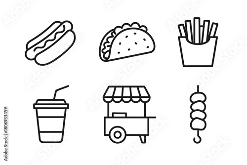 Outline icons of hot dog, taco, french fries, drink, food cart, and skewered snacks
