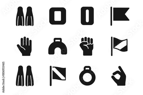 Scuba diving icons set: fins, goggles, flags, and hand signals for water sports