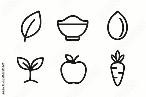Minimalist icons of leaf, bowl, seed, sprout, apple, carrot in black and white