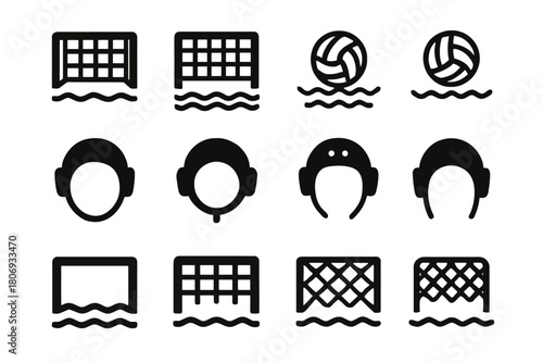 Water polo icons: goals, balls, and players with protective headgear