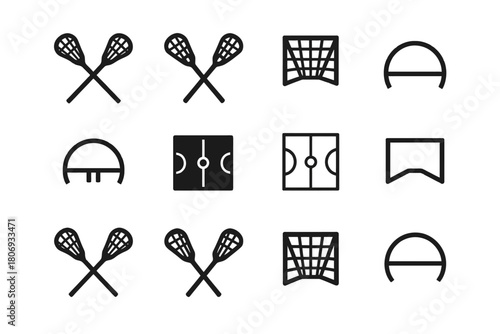 Lacrosse and hockey icons set: sticks, goals, and fields in seamless pattern
