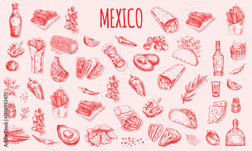 Hand drawn chalk food illustrations. Mediterranean dinner. Wine, champagne tower, charcuterie drawings for wedding invitations, menus, parties. Vector illustration La dolce vita italian sketch style
