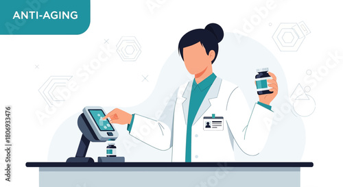 Illustration featuring a medical professional examining medication for anti-aging purposes