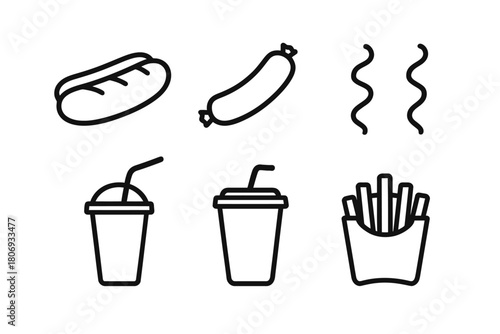 Fast food icons: hot dog, sausage, beverage, french fries outlined