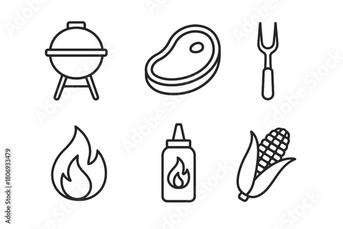 Barbecue essentials: grill, steak, fork, flame, sauce, corn outline icons