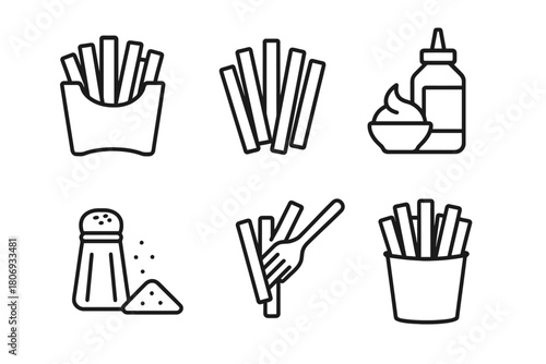 French fries icon set: salt, ketchup, fork and fast food designs