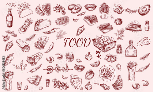 Hand drawn chalk food illustrations. Mediterranean dinner. Wine, champagne tower, charcuterie drawings for wedding invitations, menus, parties. Vector illustration La dolce vita italian sketch style
