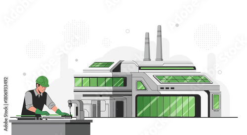 Illustration of a factory worker and building promoting sustainable manufacturing processes
