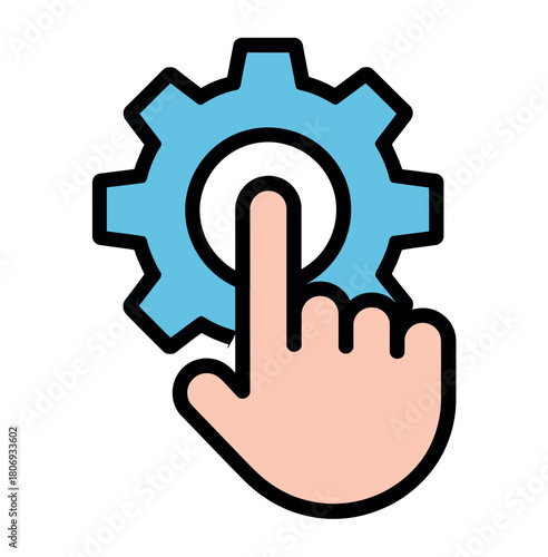 A hand pressing a button on a blue gear, symbolizing control and operation.