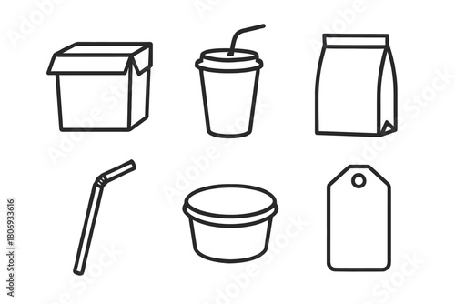 Minimalist line icons of food packaging and drink containers
