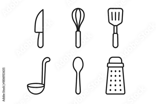 Minimalist line art of essential kitchen utensils for cooking