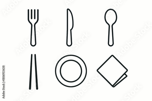 Simple line art of utensils including fork, knife, spoon, chopsticks, plate, and napkin
