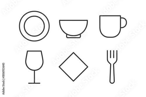 Minimalist dinner set icons with plate, bowl, cup, glass, napkin, and fork