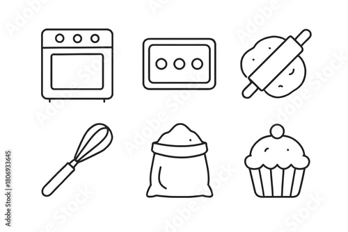 Baking icons: oven, timer, dough, whisk, flour, cupcake – essential kitchen tools