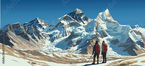 Mount Everest and nuptse as seen from kala patthar with two hikers, vector illustration, Mt everest 8,848 m, khumbu valley, nepal himalayas mountains, trekking adventure and scenic landscape design.