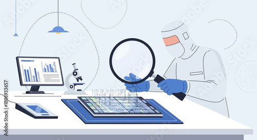Illustration of a scientist analyzing a microchip in a cleanroom environment with advanced