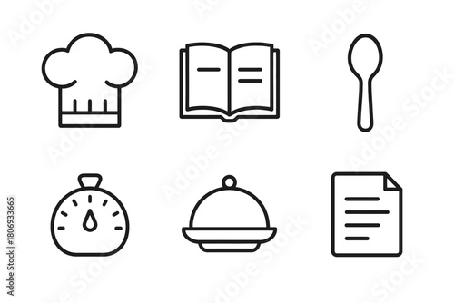 Culinary icons: chef hat, cookbook, spoon, timer, dish, recipe sheet