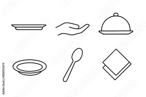 Line icons: dishware, hand gesture, serving dome, spoon, plates, napkin