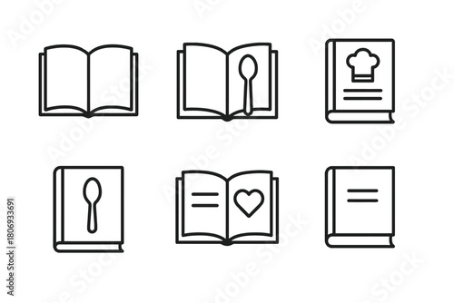 Set of icons featuring open and closed cookbooks with utensil and heart symbols
