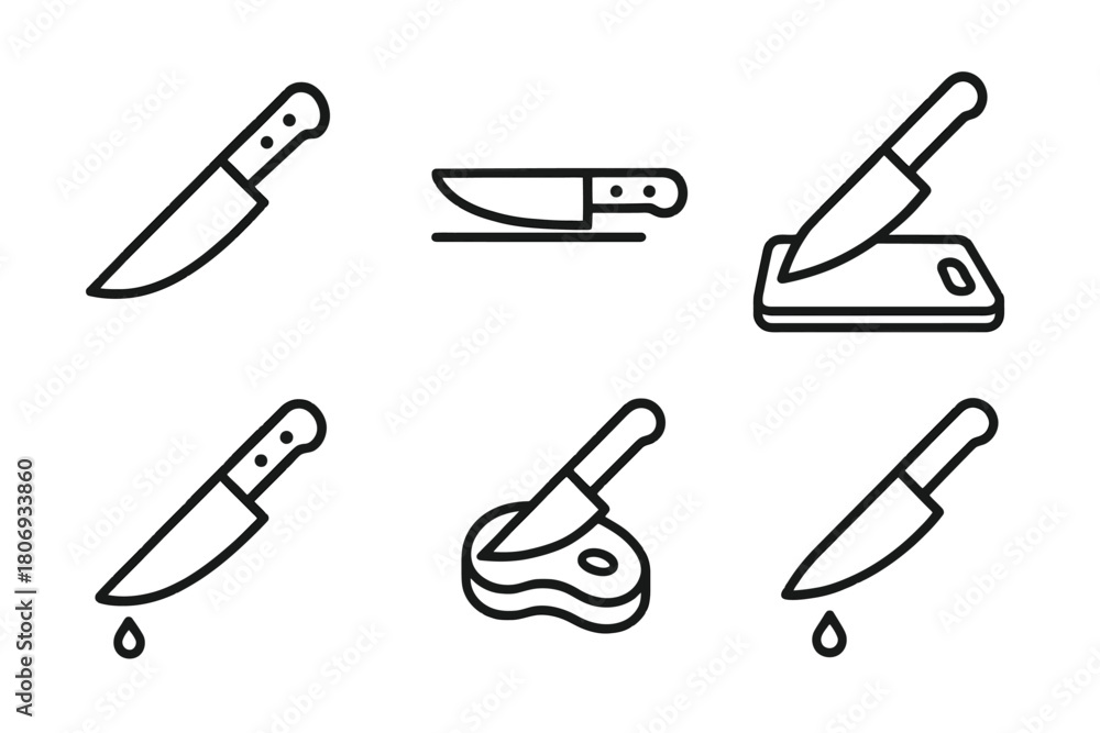 Obraz premium Simple line drawings of kitchen knives in various uses and positions