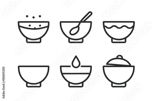 Minimalist bowl icon set: cooking, serving, dining – simple line art collection