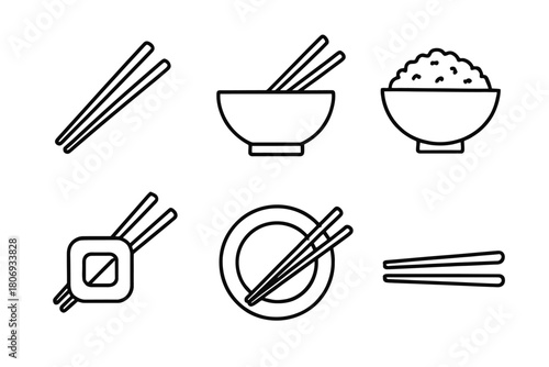 Simple line icons of chopsticks and rice bowls in various arrangements