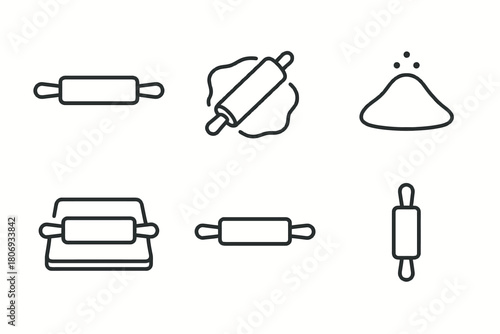 Baking tools and ingredients icons: rolling pins and flour outline set