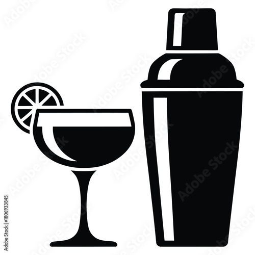 Winter Cocktail Shaker and Martini Glass Vector Illustration – Festive Christmas and New Year Party Drink Icon, Minimalist Black and White Celebration Design for Holiday Season