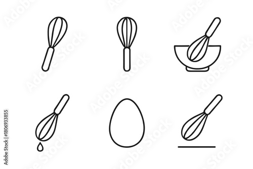 Line art kitchen whisks and bowl with egg and droplet icons collection