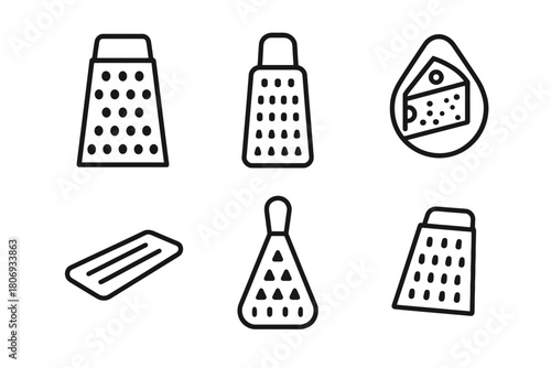 Collection of various grater icons: flat design grater illustrations for kitchen use