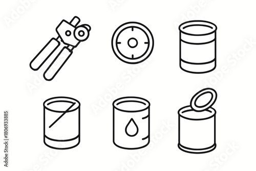 Line art icons of can opener and canned goods in black and white