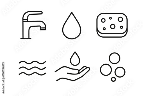 Line icons of faucet, water drop, soap bar, waves, hand, and bubbles for hygiene