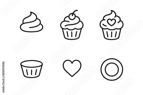 Cupcake icon set: outlines of frosted desserts with toppings and decorative elements