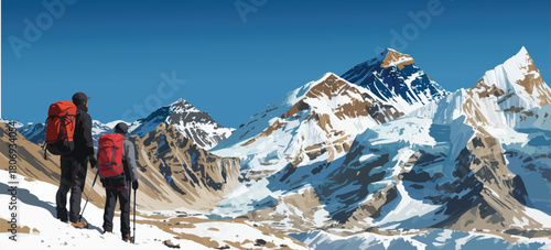 Mount Everest and nuptse as seen from kala patthar with two hikers, vector illustration, Mt everest 8,848 m, khumbu valley, nepal himalayas mountains, trekking adventure and scenic landscape design.
