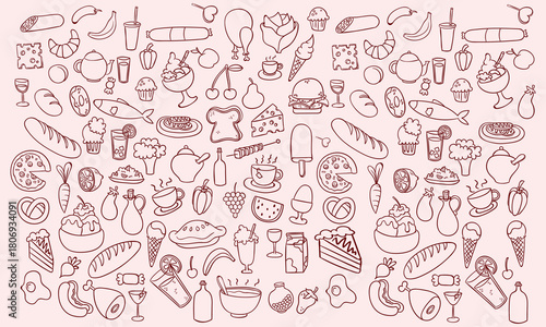 Hand drawn chalk food illustrations. Mediterranean dinner. Wine, champagne tower, charcuterie drawings for wedding invitations, menus, parties. Vector illustration La dolce vita italian sketch style
