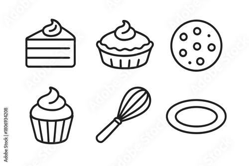Outline icons of cake, pie, cookie, cupcake, whisk, and plate for baking themes
