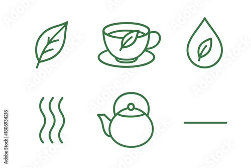 Minimalist green tea icons collection: leaf, cup, teapot, steam, water drop line art