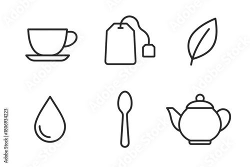 Minimalist tea icons: cup, teabag, leaf, teardrop, spoon, teapot in simple line art