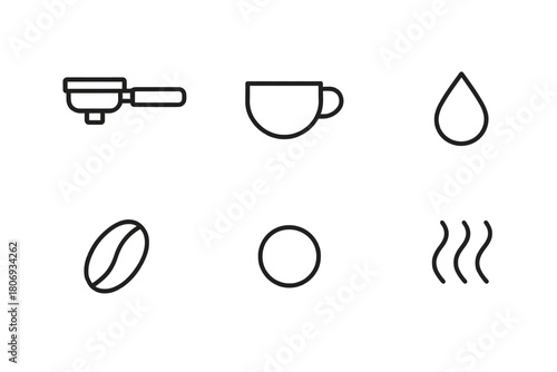 Coffee icons: portafilter, mug, drop, bean, circle, steam - minimalist black line art