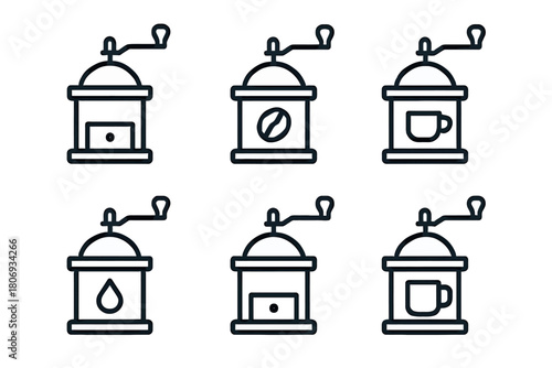 Set of vintage coffee grinder icons with cup and bean designs