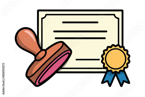A rubber stamp is poised to mark a diploma with a seal and ribbon, signifying achievement.