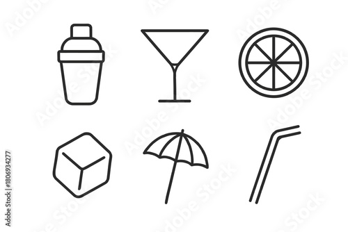 Minimalist icons: cocktail shaker, martini glass, citrus slice, ice cube, umbrella, straw