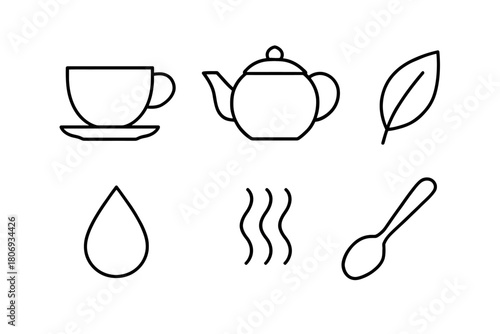 Minimalist tea icons: cup, teapot, leaf, drop, steam, spoon outline design